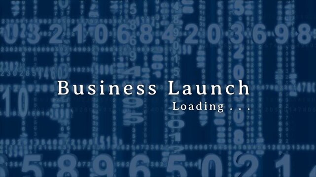 Looping digit grid sliding and loading dots cycling by centered Business Launch, suggesting data