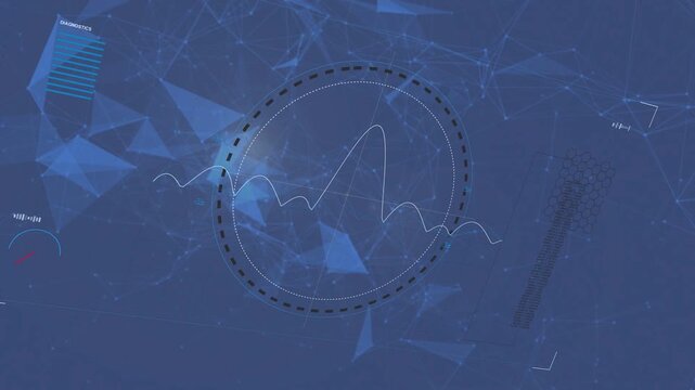 Waveform starting left, circular HUD forming and rotating, UI icons appearing, showing data signals