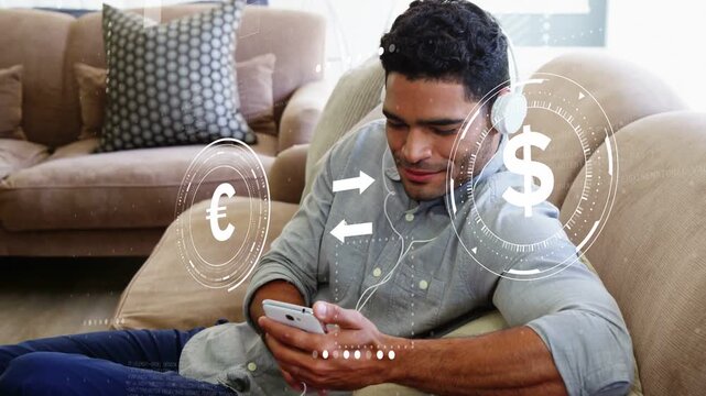 Man tapping phone and adjusting earcup on couch launching currency HUD showing $&euro; checking rates