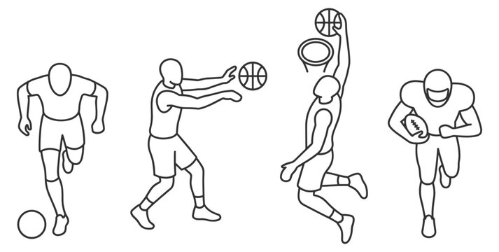 outline vector icons of soccer player dribbling basketball player passing basketball player dunking and football player running on transparent background