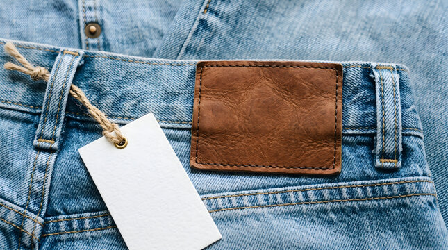 Blue jeans with blank leather patch and white tag