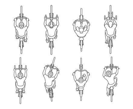 top view line drawings of cyclists riding bicycles with helmets in various riding positions on transparent background