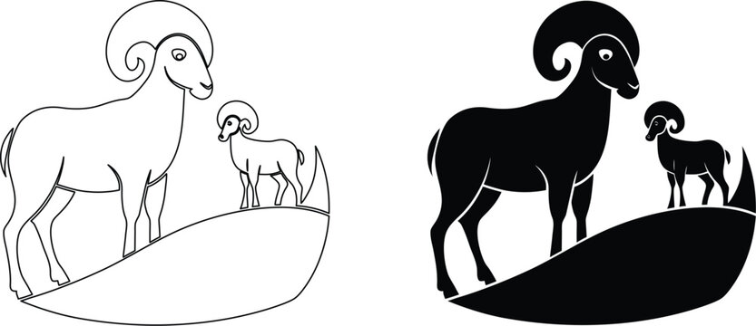 Ram and lamb outline and silhouette icons on a grassy hill over a transparent background.