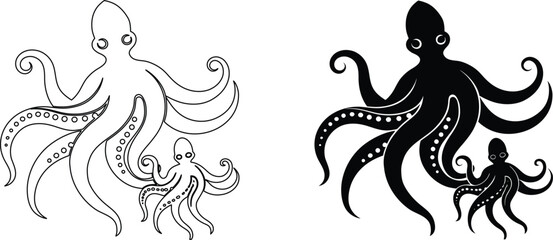 Set of octopus family icons with adult and baby sea creatures in outline and silhouette. © nidrarani