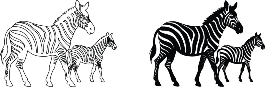 Zebra and foal safari animal silhouette set african wildlife line art striped horse design.