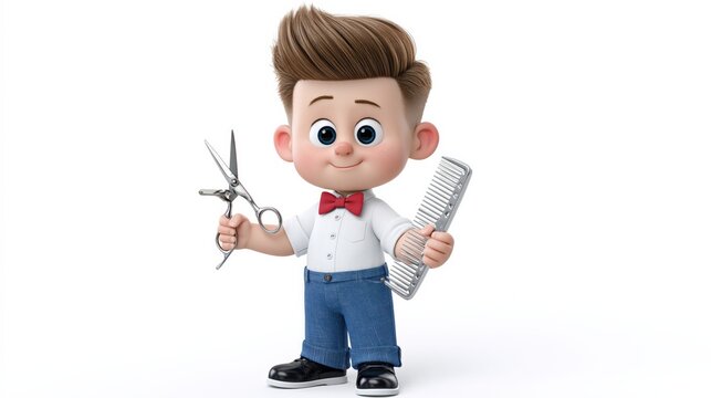 Cute cartoon boy barber with scissors and comb, ready for a haircut