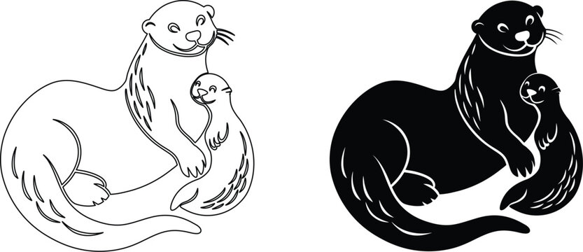 Adorable otter family mother and baby resting together line art and silhouette.
