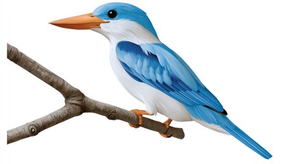 Obraz premium Vibrant Blue and White Kingfisher Perched on a Branch, Tropical Wildlife Illustration