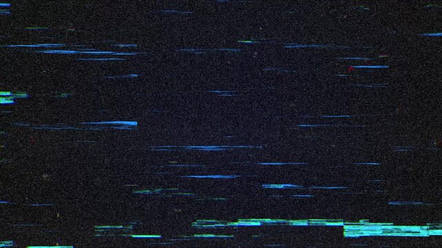 Abstract digital signal interference with colorful horizontal lines and static noise distortion on dark screen background.
