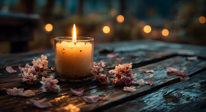 At dusk, a candle flame that is alone and surrounded by delicate petals on a rustic wooden surface is a symbol of a solemn memorial and mournful tribute to remembering someone who died wrongfully.