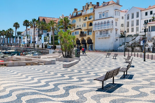 Traditional Portuguese cobblestone square with palm trees and historic buildings