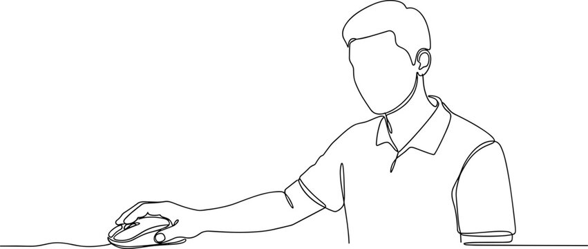 Minimalist Continuous Line Drawing of a Man Using a Computer Mouse