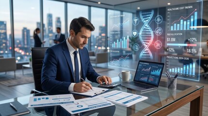 Fototapeta premium Professional Businessman Analyzing Healthcare Financial Data and R&D Allocation with Digital DNA Interface