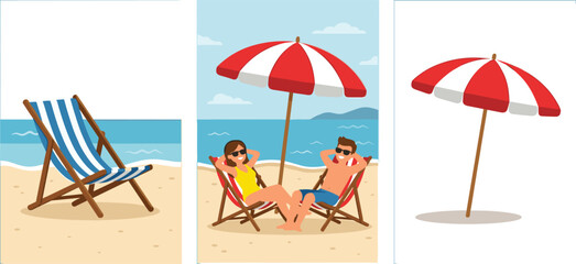 Set of summer beach vacation vector illustrations featuring a happy couple relaxing under a red umbrella, a striped deck chair, and sun parasol isolated on white. © MDSaiful