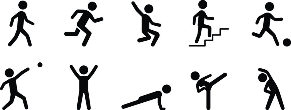 Stickman activity and exercise icon set, Human action poses with sports and fitness movements, Dynamic lifestyle silhouette collection