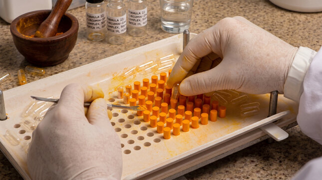 Pharmacist hands manually encapsulating pills in a compounding pharmacy laboratory