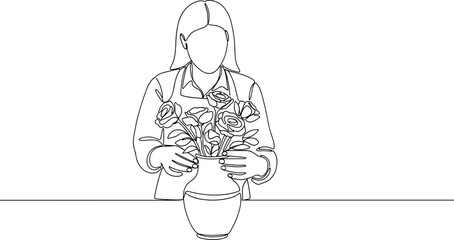 Woman Arranging Roses in Vase, Continuous Line Drawing, Minimalist Floral Art © Afganganteng