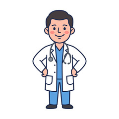 Fototapeta premium Friendly cartoon male doctor illustration standing with hands on hips, smiling and wearing a lab coat and stethoscope, representing healthcare and medical assistance with a welcoming demeanor