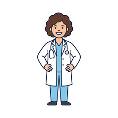Fototapeta premium A charming cartoon illustration of a female doctor in a white lab coat with a stethoscope around her neck, standing with her hands on her hips, exuding confidence and professionalism