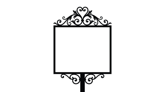 Black and white photo of an ornate blank sign on a stand for advertising purposes clearly shown