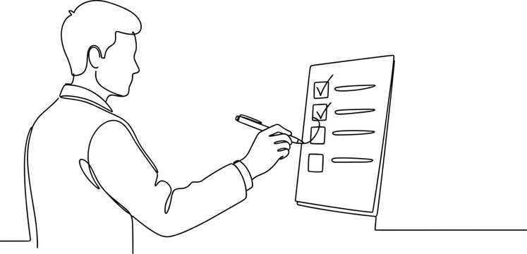 Businessman checking off items on a checklist with a pen, line art concept