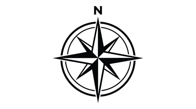 Black compass rose symbol with north direction indicator on white background