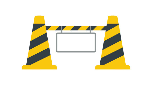 Yellow and black striped roadblock with a sign in the middle for warning or information purposes