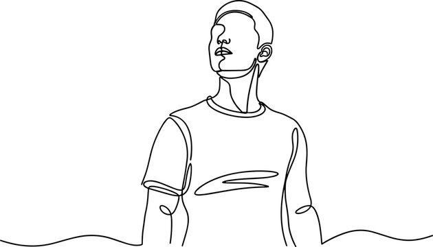 Minimalist line art of a young man looking up, head turned, black and white drawing