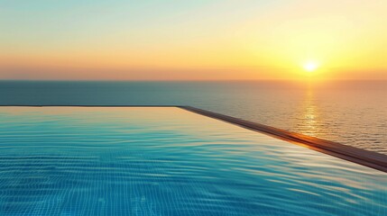 Plakat Luxury infinity pool overlooking ocean at sunset, golden light.