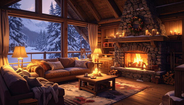 Cozy cabin interior with fireplace and snowy view
