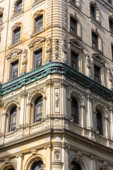 Fototapeta premium Ornate historic facade in Old Montreal with stone details