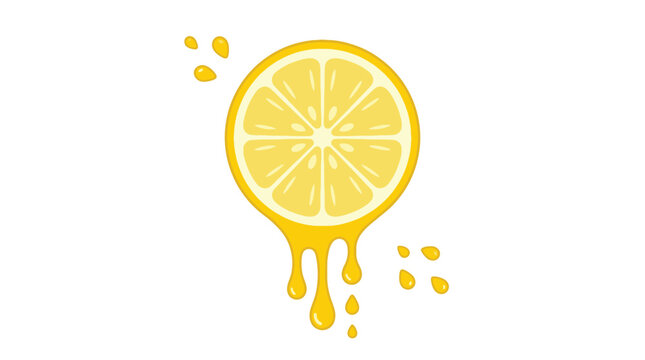 A vibrant yellow lemon slice with juice dripping down on a white background illustration