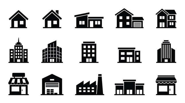 Various black and white building icons on a plain background for design use