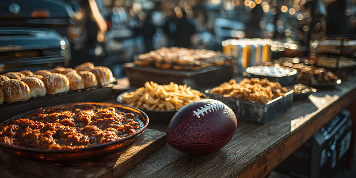 A football tailgate scene that involves food and drinks before a gridiron game. Gridiron pregame gathering, victuals, beverage consumption, festive occasion, sporting celebration, outdoor recreation n