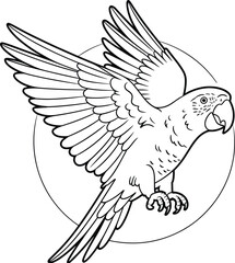 Detailed black and white line drawing of a flying parrot bird © Mitu