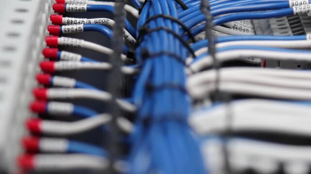 Connection of modules in an electrical switchboard using insulated copper wires tied with nylon ties.