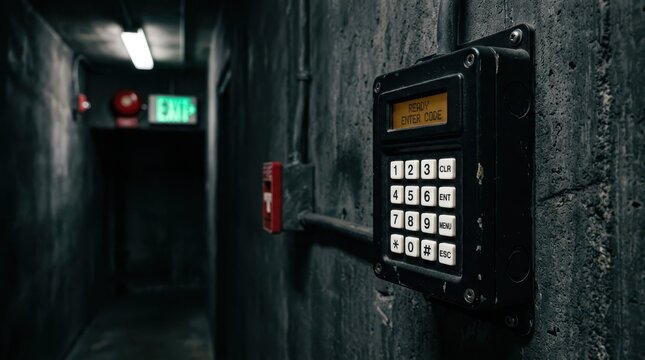 A secure keypad entry system on a dark hallway wall with an exit sign and fire alarm in the background
