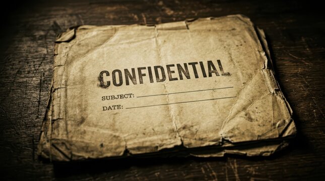 Vintage confidential document on a wooden surface