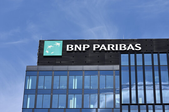 BNP Paribas bank office with signage, logo, emblem on the facade. WARSAW, POLAND - APRIL 25, 2026