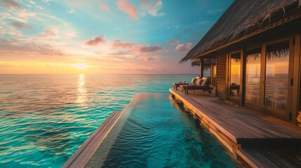 Fototapeta premium Overwater villa with turquoise sea and soft sunlight, premium travel aesthetic.