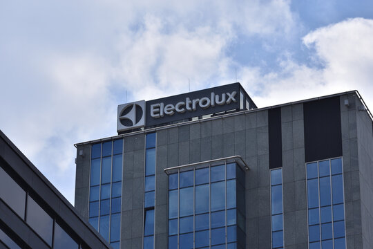 Electrolux company emblem, logo, signage on the Electolux Polska office facade. WARSAW, POLAND - APRIL 25, 2026