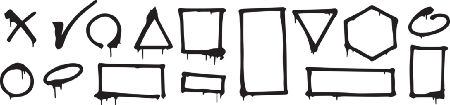 hand-drawn black brush stroke geometric shapes and frame outlines set including triangle circle square heart for grunge graphic design