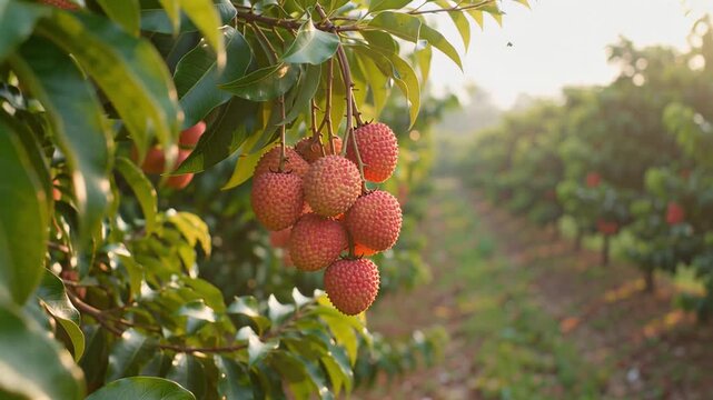 Ripe lychee fruits hanging on a tree branch in a lush organic orchard at sunset