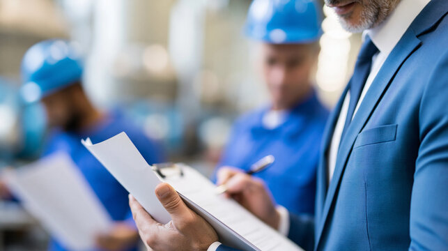 Factory manager reviewing documents with workers on the production floor, papers and clipboard, industrial administration, quality control paperwork, faceless, faces not visible,