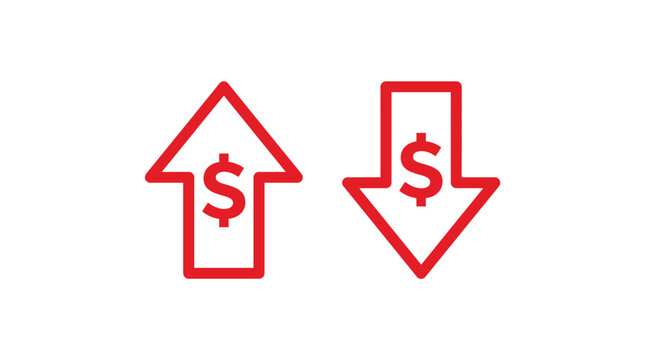 Red arrow icons showing upward and downward financial trends in this clean and simple digital photograph