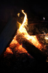 Fototapeta premium Campfire with Glowing Embers and Flames at Night