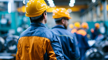 Workers in protective gear on an active factory floor, manufacturing operations, busy production day, industrial teamwork, uniforms and hard hats, faceless, rear view, defocused