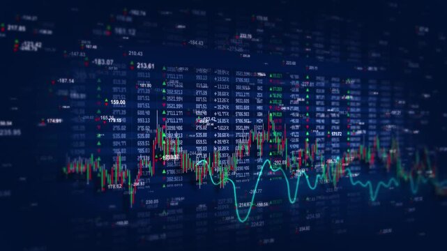 Digital stock market display with dynamic trading charts and fluctuating financial data graphics.