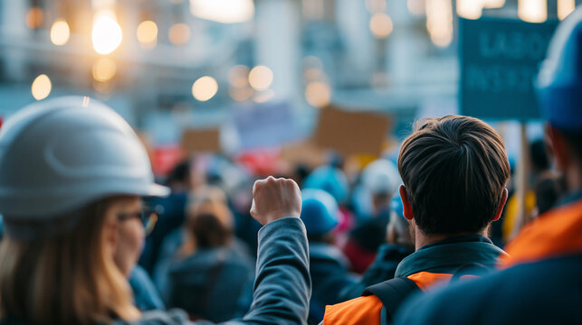 Workers on strike outside a heavy industry facility, protest signs and group gathering, labor rights concept, industrial action, workers solidarity, urban industrial background,