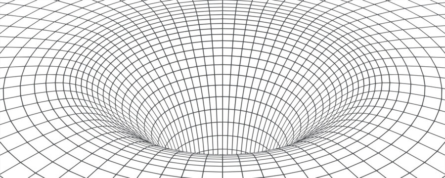 Abstract 3D wireframe grid background with black hole funnel effect. Modern perspective mesh design on white, representing gravity, space-time, technology, and futuristic scientific concepts.